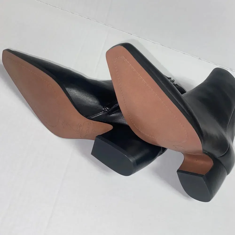 NIB New Franco Sarto Black Leather Vivian Western Block Heel Booties Women's 8